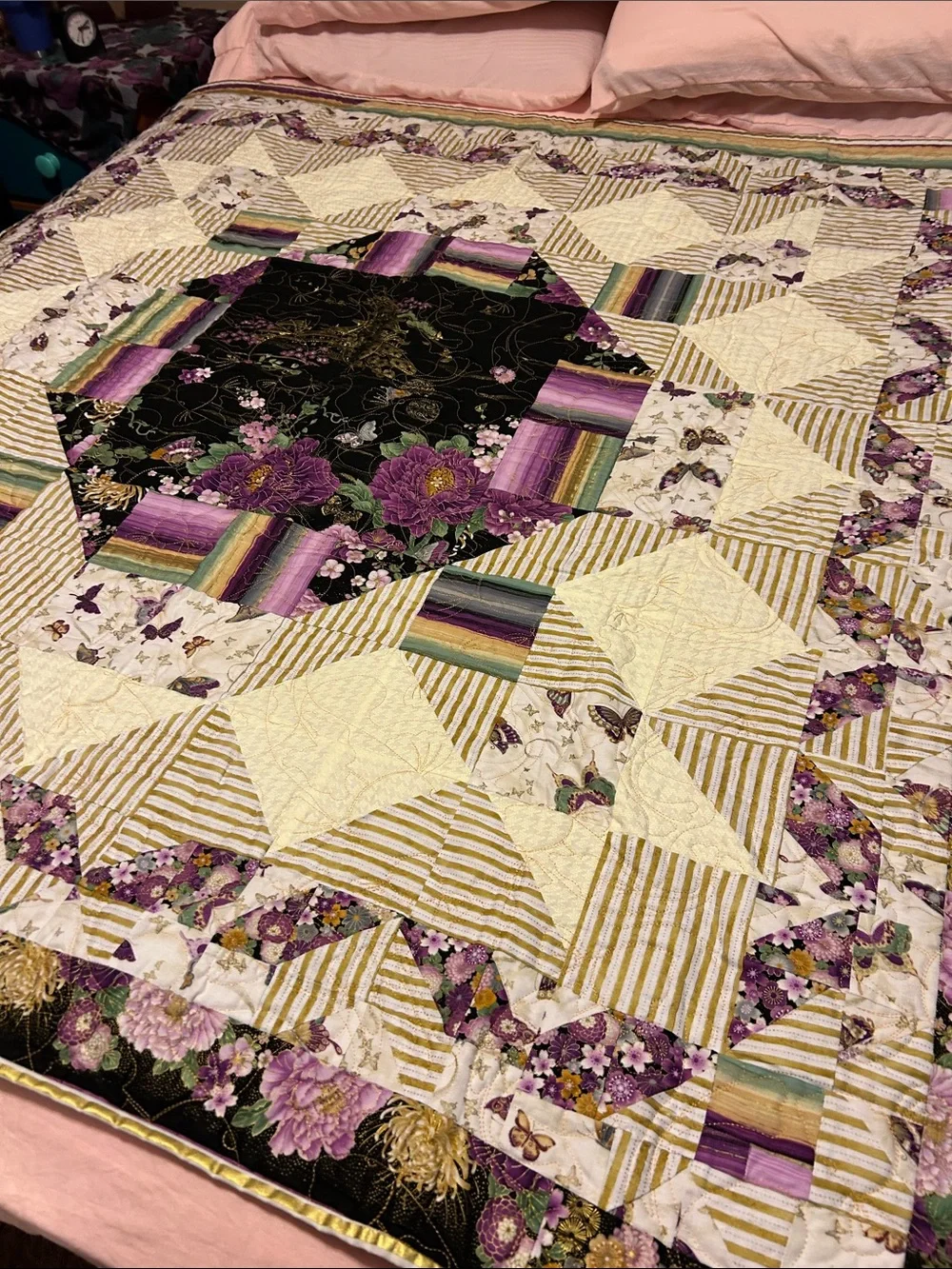 ONE OF A KIND - HANDCRAFTED Purple, gold and off-white Quilt.